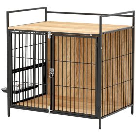 30 Inch Dog Crate Furniture, Indoor Pet Kennel Side Table With Rotatable Bowls, 2 Anti-Escape Doors, For M Dogs, Oak (Option: Oak)
