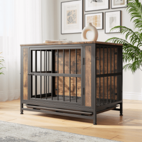Dog Crate Furniture  Wooden Dog Crate Table 32.8 Dog Kennel With 2 Sliding Doors And Thick Iron Door Frame  Decorative Pet Crate House For Medium (Option: Black Brown)