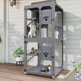Catio Outdoor Cat Enclosure Window Access, 4 Tiers Cat House With Wheels, Resting Box & Waterproof Roof, Indoor Large Cat House Cage, Gray (Color: Grey)
