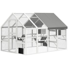 Wooden Catio Outdoor Cat Enclosure With Waterproof Cover, 2 Condos, 6 Platforms, Bridge, Doors, White (Color: White)
